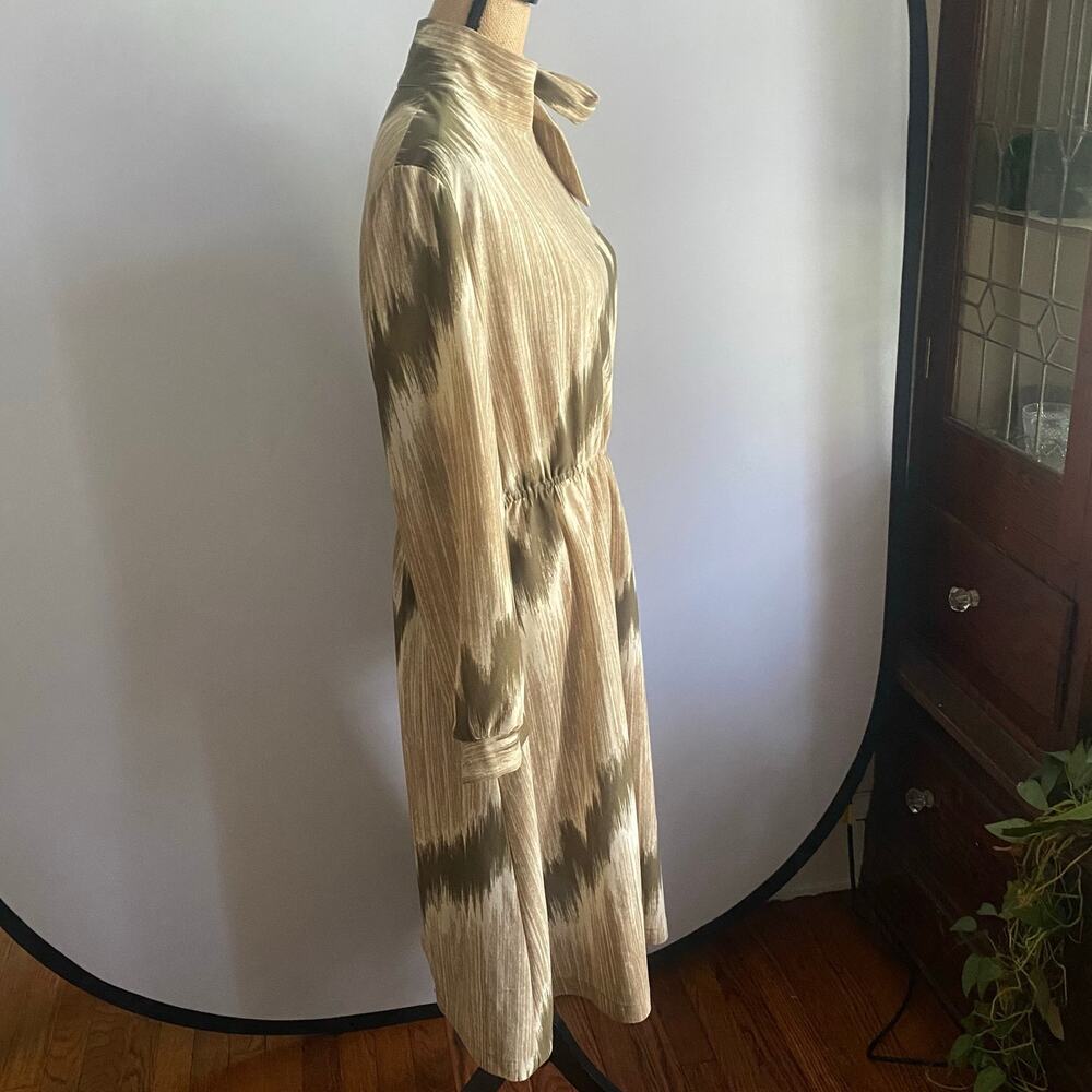 Vintage 70s Abstract Midi Dress High Neck Side Bow Olive Taupe M - Picture 4 of 17